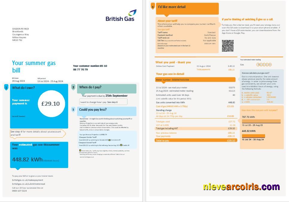United Kingdom British Gas business utility bill, 4 pages 1-2